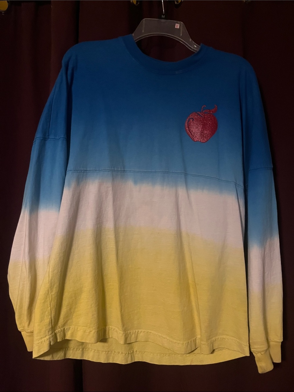 Disney Ombre Blue White Yellow Long-Sleeve Tee with Sparkle Red Apple Patch